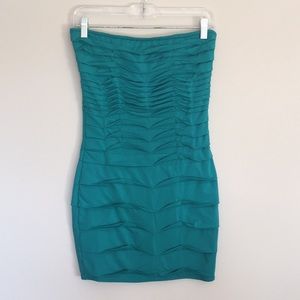 Strapless turquoise mini dress